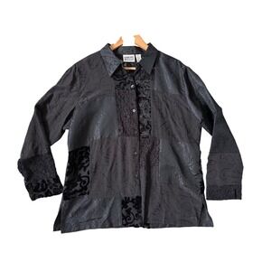Chicos Design Vintage Black Patchwork Silk Velvet Lac3 Shirt Size 2 US Size 12